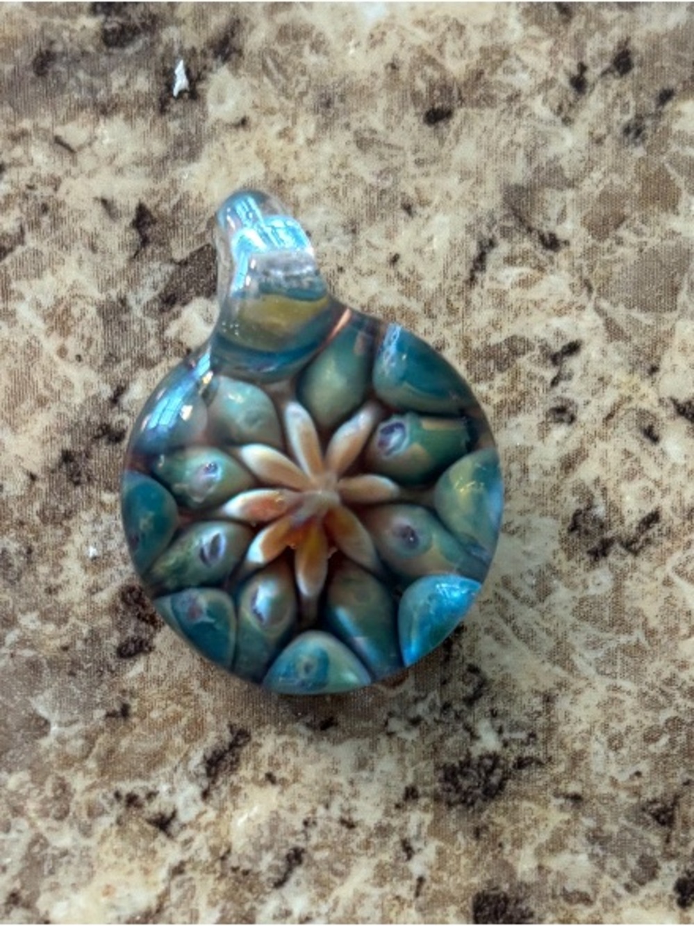 Murano Teal and Gold Floral Round Glass Pendant Necklace hand-blown design